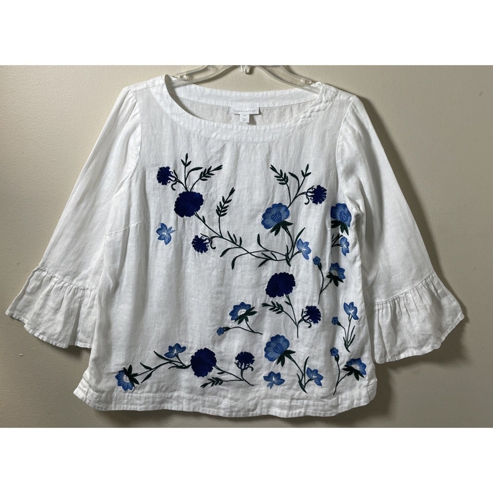 Charter Club White Linen Floral Embroidered Bell Sleeve Top Women's Size PS